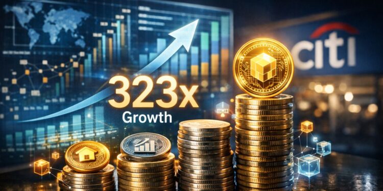 Gráfico de crecimiento de la tokenización de activos con proyección de aumento de 323 veces, monedas digitales y referencia a Citi.