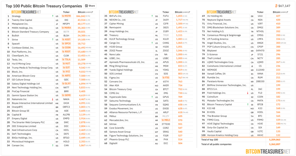 List of the 100 publicly traded companies with the largest amount of bitcoin in the world.