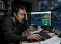 Hombre desesperado frente a monitores que mezclan gráficos de trading y casinos virtuales. Una cruda ilustración realista sobre la ludopatía en las inversiones.