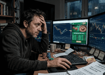 Hombre desesperado frente a monitores que mezclan gráficos de trading y casinos virtuales. Una cruda ilustración realista sobre la ludopatía en las inversiones.
