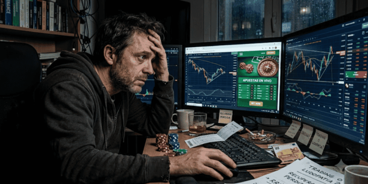 Hombre desesperado frente a monitores que mezclan gráficos de trading y casinos virtuales. Una cruda ilustración realista sobre la ludopatía en las inversiones.