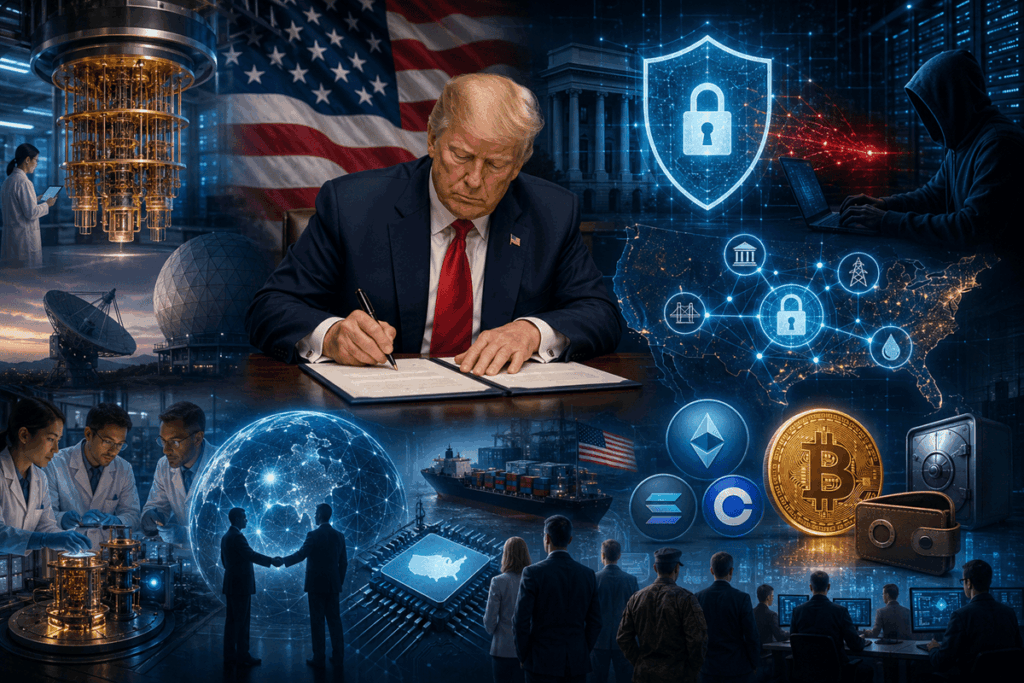 Trump firma un documento oficial mientras alrededor representa una computadora cuántica, redes digitales y laboratorios de investigación.