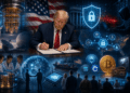 Trump firma un documento oficial mientras alrededor representa una computadora cuántica, redes digitales y laboratorios de investigación.