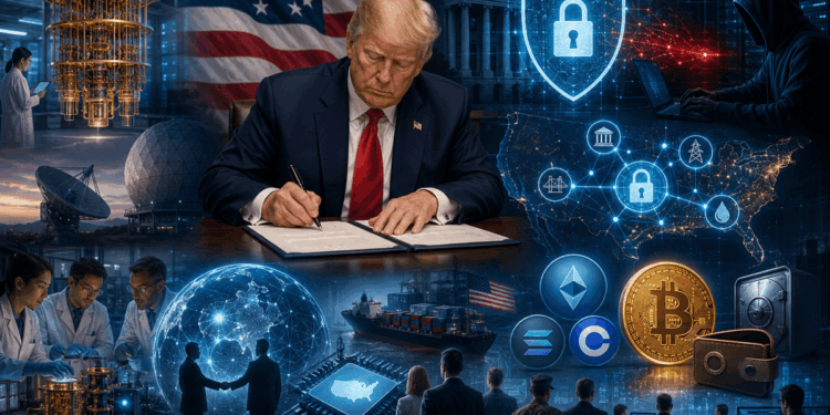 Trump firma un documento oficial mientras alrededor representa una computadora cuántica, redes digitales y laboratorios de investigación.
