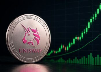 Una moneda física con el logo de uniswap junto a un gráfico de precios.