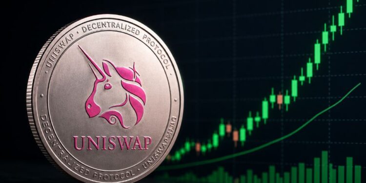 Una moneda física con el logo de uniswap junto a un gráfico de precios.