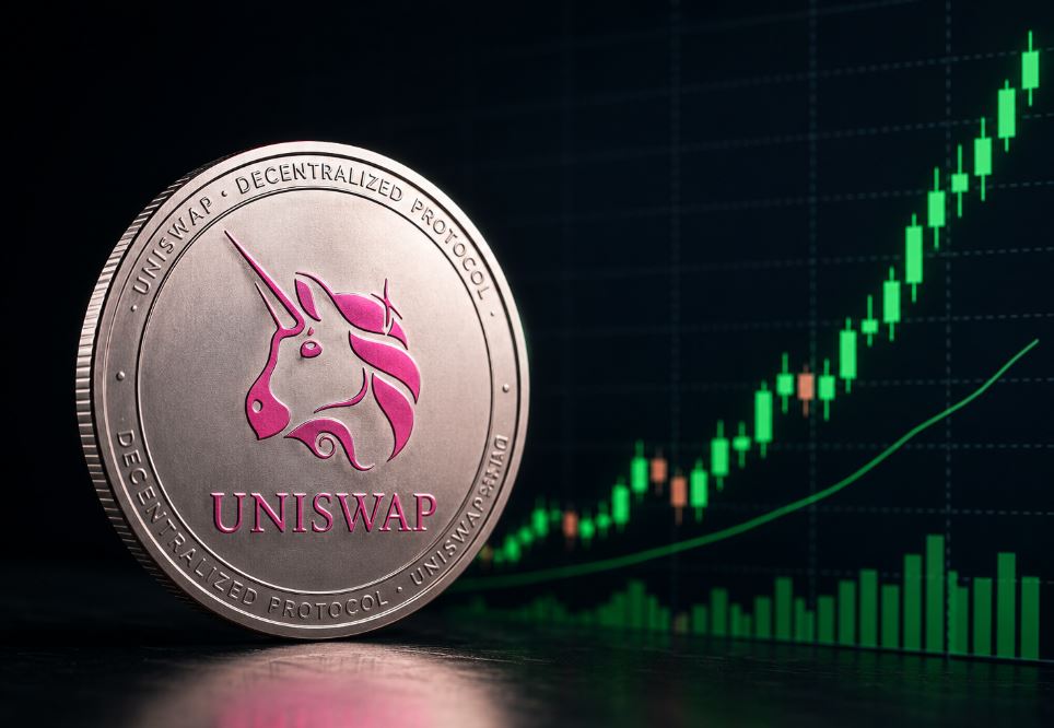 Una moneda física con el logo de uniswap junto a un gráfico de precios.