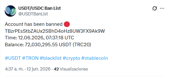 Screenshot del tuit de https://x.com/USDTBanList/status/2065337642569347307