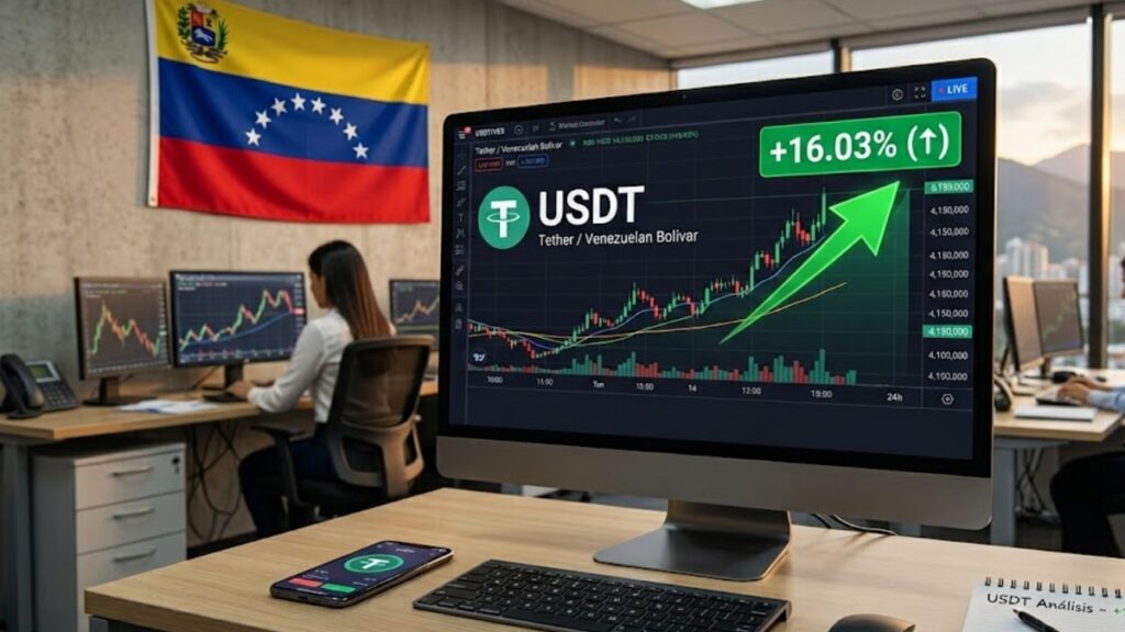 Pantalla de PC con gráfica de USDT con la bandera de Venezuela y una gráfica que muestra un aumento de +16%.
