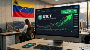 Pantalla de PC con gráfica de USDT con la bandera de Venezuela y una gráfica que muestra un aumento de +16%.