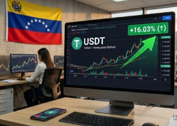 Pantalla de PC con gráfica de USDT con la bandera de Venezuela y una gráfica que muestra un aumento de +16%.