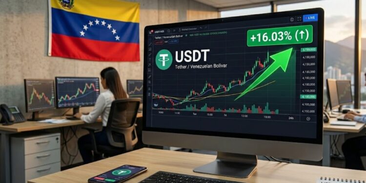 Pantalla de PC con gráfica de USDT con la bandera de Venezuela y una gráfica que muestra un aumento de +16%.