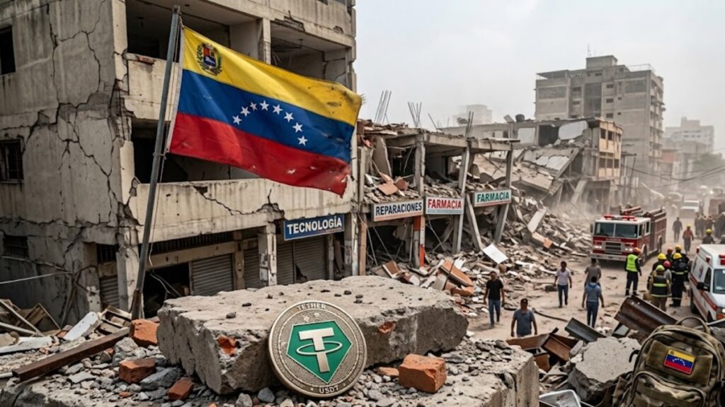 Moneda física de USDT con la bandera de Venezuela, con destrozos por terremotos en el fondo.