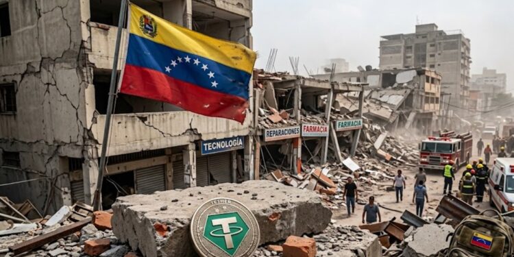 Moneda física de USDT con la bandera de Venezuela, con destrozos por terremotos en el fondo.