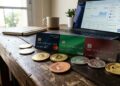 Tarjetas de débito y crédito con criptomonedas alrededor sobre una mesa con una laptop en el fondo.