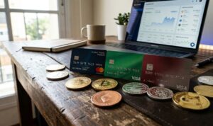 Tarjetas de débito y crédito con criptomonedas alrededor sobre una mesa con una laptop en el fondo.