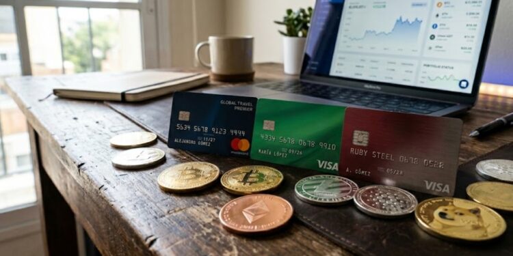 Tarjetas de débito y crédito con criptomonedas alrededor sobre una mesa con una laptop en el fondo.
