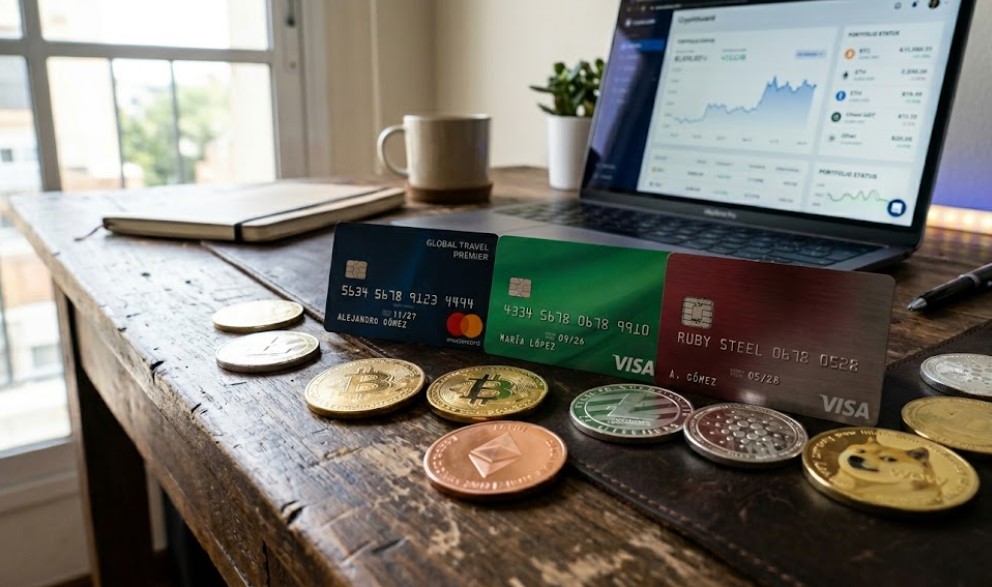 Tarjetas de débito y crédito con criptomonedas alrededor sobre una mesa con una laptop en el fondo.
