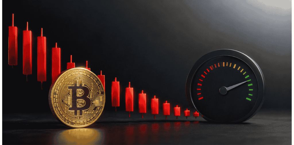 unas velas rojas, moneda de BTC, tablero que muestra desaceleración.