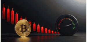 unas velas rojas, moneda de BTC, tablero que muestra desaceleración.