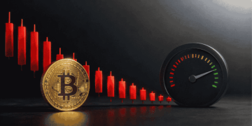 unas velas rojas, moneda de BTC, tablero que muestra desaceleración.