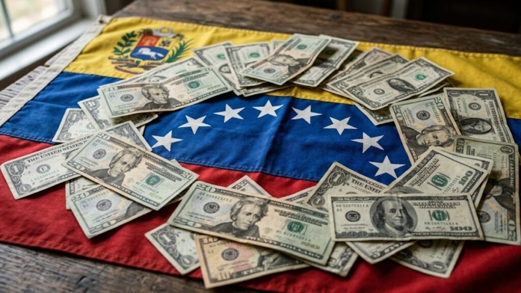 Billetes de dólares de distintas denominaciones sobre la bandera de Venezuela.