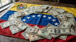 Billetes de dólares de distintas denominaciones sobre la bandera de Venezuela.