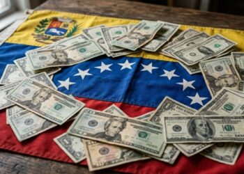 Billetes de dólares de distintas denominaciones sobre la bandera de Venezuela.