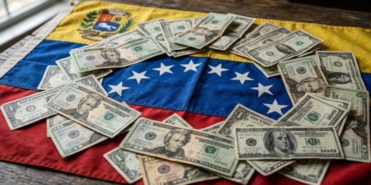 Billetes de dólares de distintas denominaciones sobre la bandera de Venezuela.