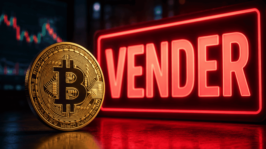 Una moneda de bitcoin y un letrero que dice "VENDER".
