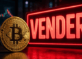 Una moneda de bitcoin y un letrero que dice "VENDER".