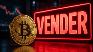 Una moneda de bitcoin y un letrero que dice "VENDER".