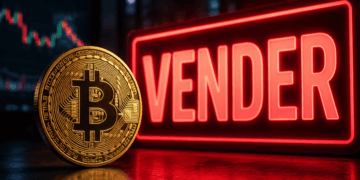 Una moneda de bitcoin y un letrero que dice "VENDER".