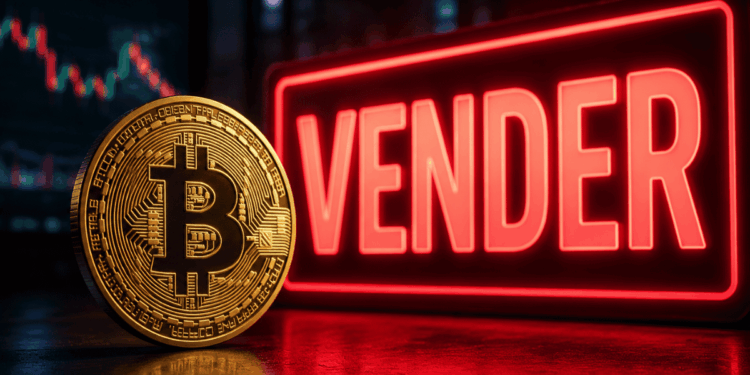 Una moneda de bitcoin y un letrero que dice "VENDER".