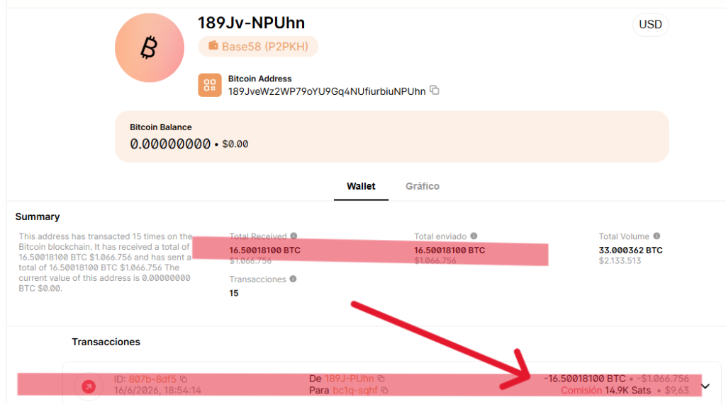 Datos de una dirección de Bitcoin con fondos.