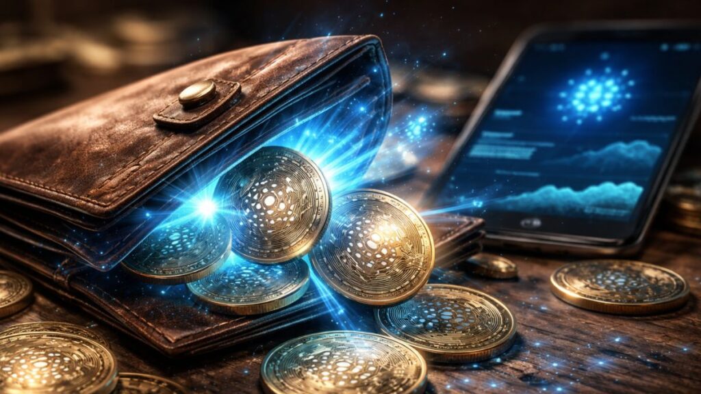 Cartera de Cardano reactivándose con monedas ADA físicas brillantes.