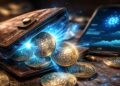 Cartera de Cardano reactivándose con monedas ADA físicas brillantes.
