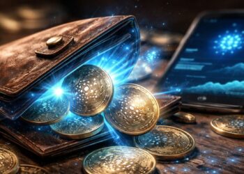 Cartera de Cardano reactivándose con monedas ADA físicas brillantes.