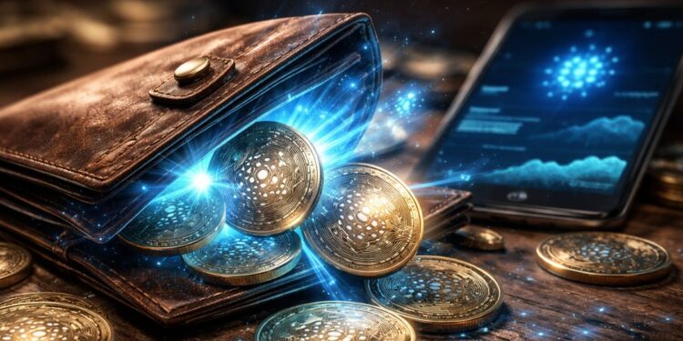 Cartera de Cardano reactivándose con monedas ADA físicas brillantes.