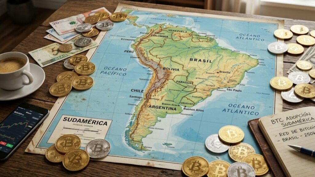 Mapa mundi de América del Sur con bitcoin alrededor.