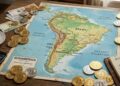 Mapa mundi de América del Sur con bitcoin alrededor.