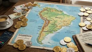 Mapa mundi de América del Sur con bitcoin alrededor.