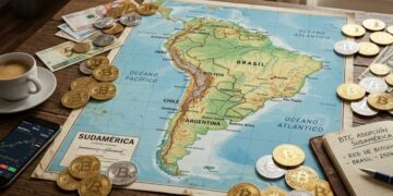 Mapa mundi de América del Sur con bitcoin alrededor.