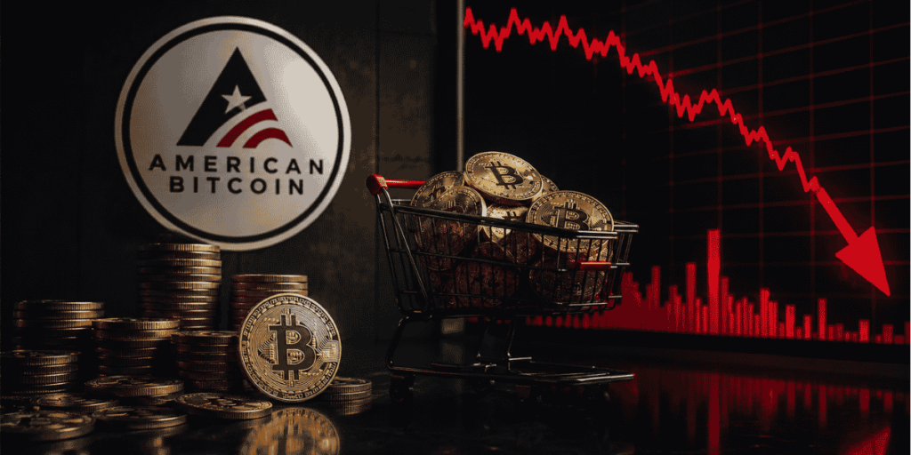 Logo de American Bitcoin y gráficos en rojo.