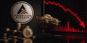 Logo de American Bitcoin y gráficos en rojo.