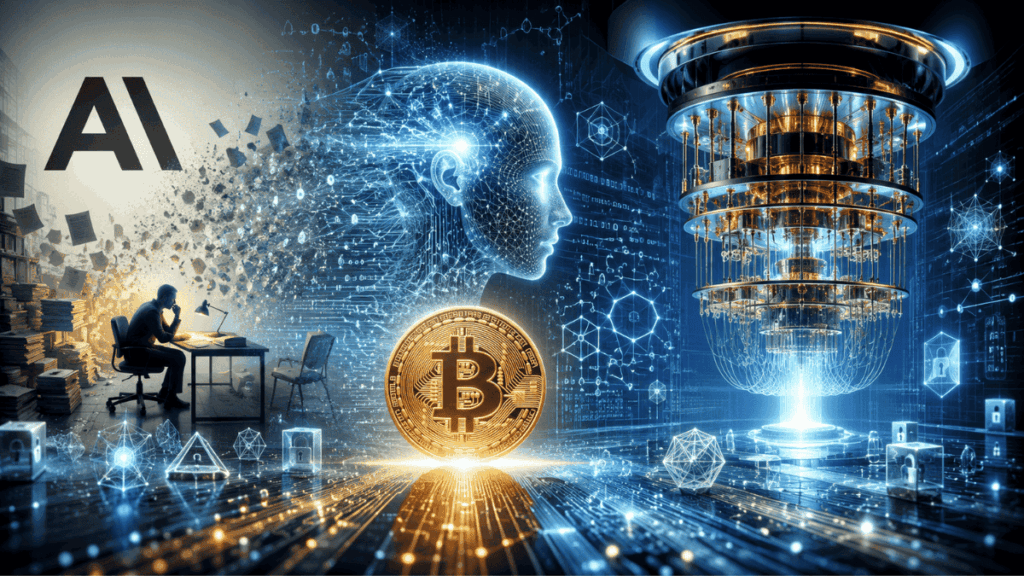 Una moneda de Bitcoin junto a un ordenador cuántico y el logo de Anthropic.