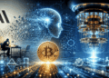 Una moneda de Bitcoin junto a un ordenador cuántico y el logo de Anthropic.