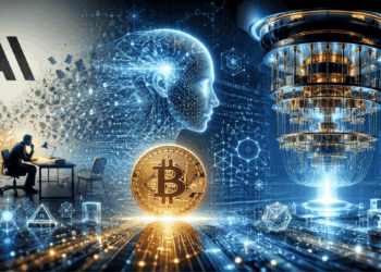 Una moneda de Bitcoin junto a un ordenador cuántico y el logo de Anthropic.