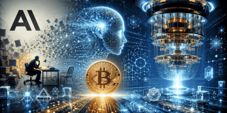 Una moneda de Bitcoin junto a un ordenador cuántico y el logo de Anthropic.