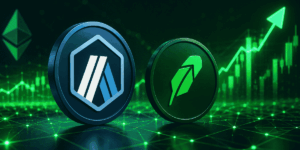Logo de ARB, logo de Robinhood Chain, gráficos en verde.